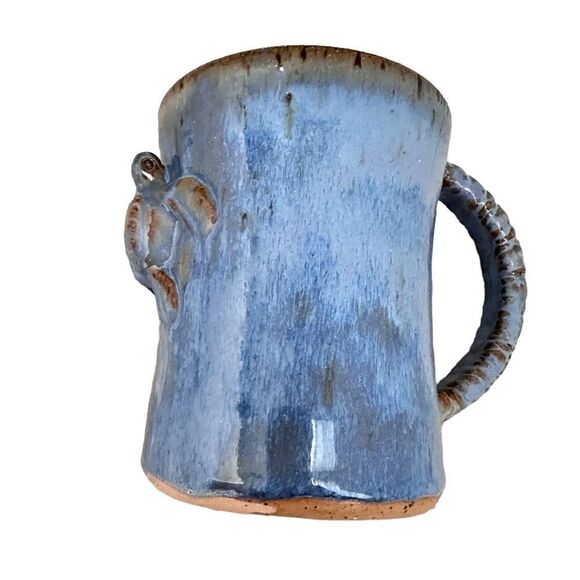 SeaTurtle Stoneware Coffee Mug Blue Drip Glaze Enamel Art Pottery Signed - Picture 2 of 13